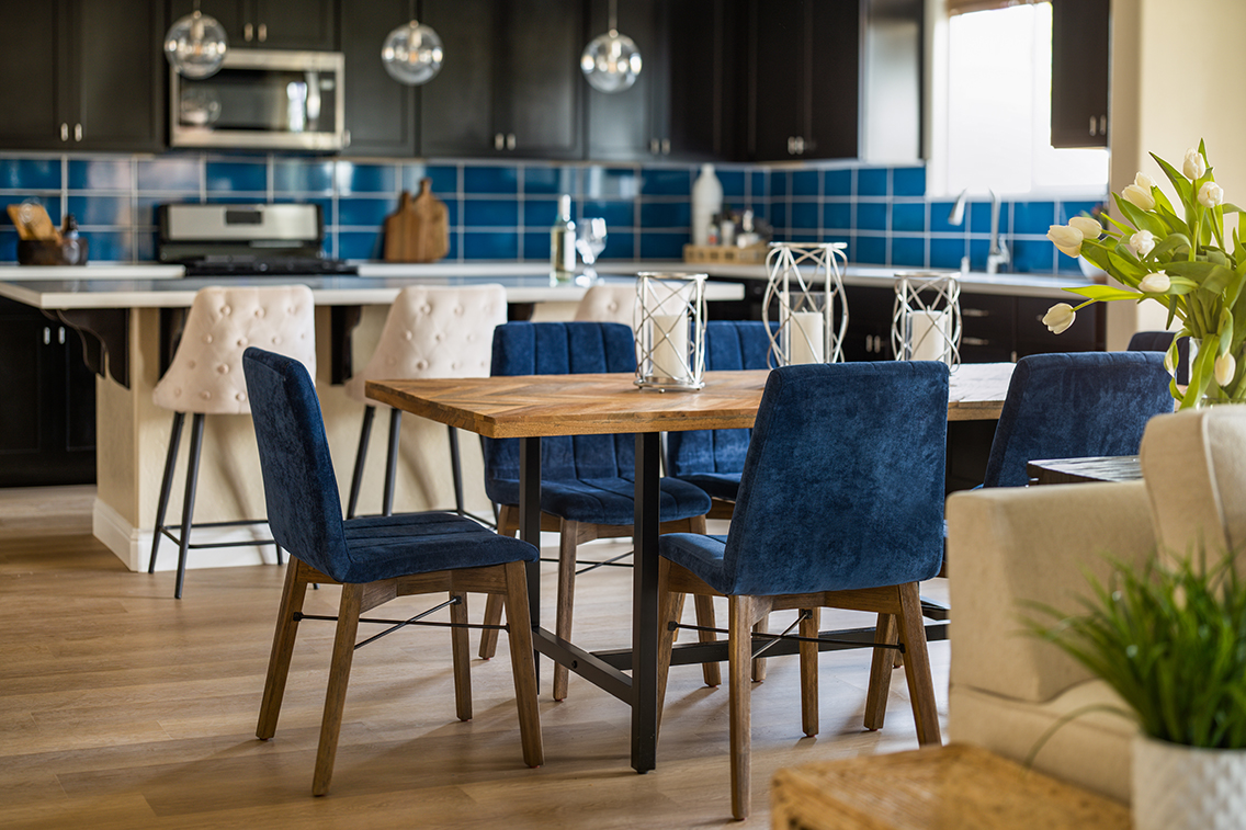 Kitchen table with blue chairs